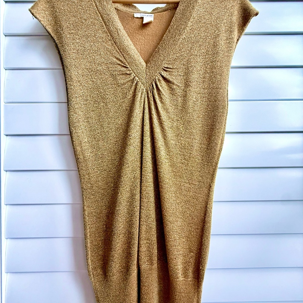 DKNY Gold Metallic Long Blouse Top Short Sleeve